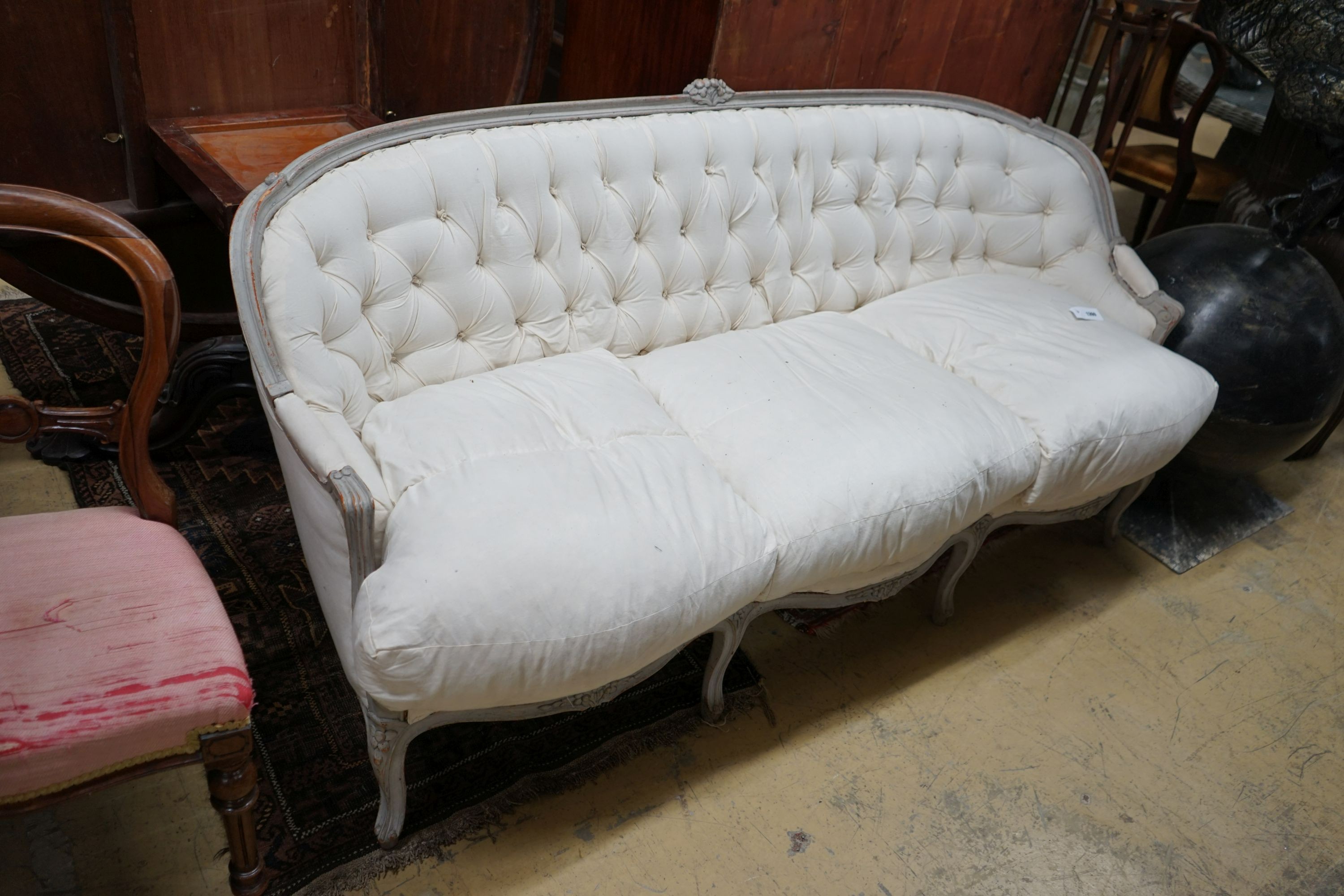 A 19th century French painted carved beech settee, length 182cm, depth 76cm, height 88cm